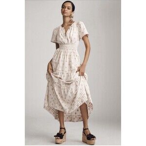 Anthropologie Somerset Embroidered Floral Maxi Sz XXS Tan Ivory Stripe